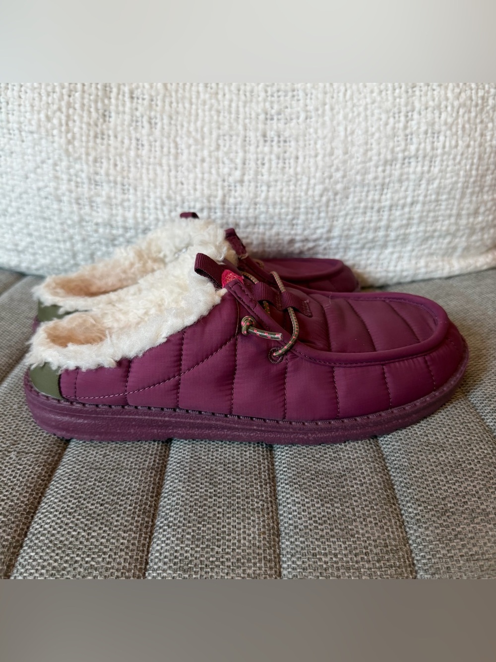 Hey Dude Burgundy Quilted Faux-Fur Lined Slip-Ons with Pink Logo - Picture 3 of 8